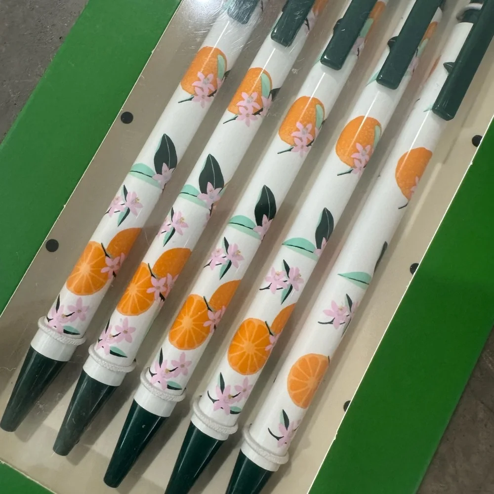 Kate Spade citrus Ink Pen Set of 5  w/ trio of Pink,Blue &green printed Notepads